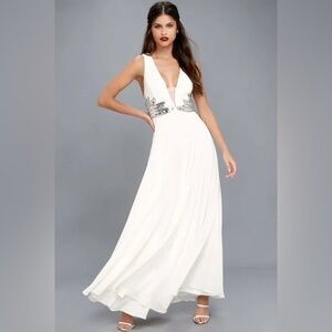 Lulu's White and Silver Maxi Dress